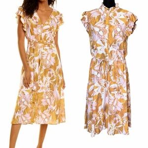 Atelier Floral Midi Dress Pink Gold Flutter Sleeve Spring Romantic Girly Size 6